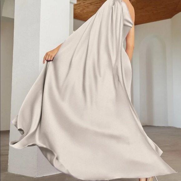 Luxe Navy Blue One shoulder Party Formal Evening Prom Satin Wedding Dress - Picture 9 of 16
